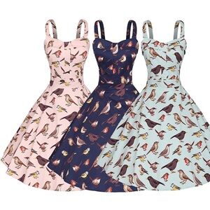 Bird Print Halter NAVY Dress halter dress side,zip lace up detail in back